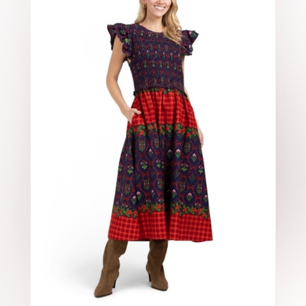 NWT - LEA Cotton Festive Flutter Sleeve Navy Plaid Multi Maxi Dress - Size L